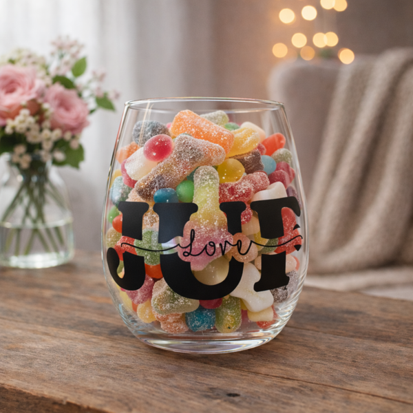 Gepersonaliseerde glas gevuld met snoep