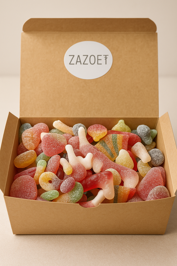 Zure snoep mix in een luxe bio snoepdoos