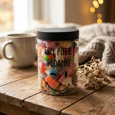 Gepersonaliseerde snoeppot gevuld met snoep