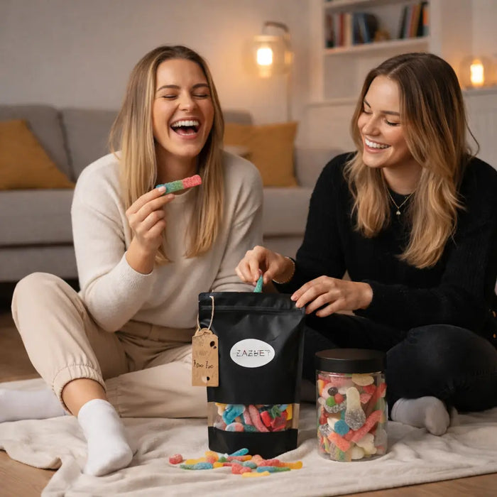 2 blije jonge dames die die genieten van snoep