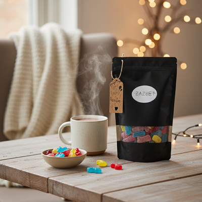 Ecologisch hersluitbare snoepzak van kraftpapier gevuld met snoep in een sfeer foto op tafel.