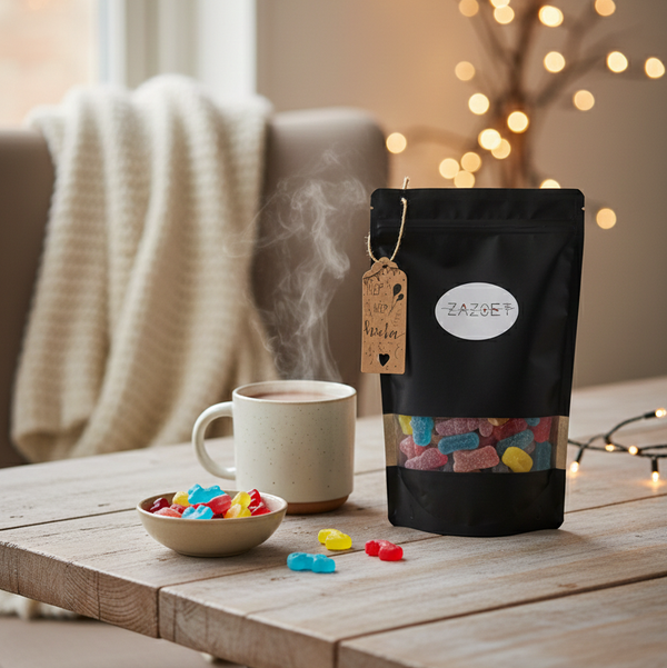 Ecologisch hersluitbare snoepzak van kraftpapier gevuld met snoep in een sfeer foto op tafel.